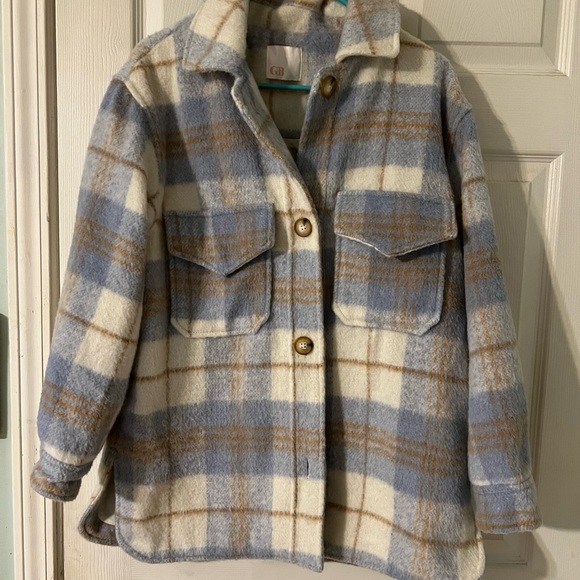 Gianni Bini Blue and Cream Plaid Jacket. Size Small. Oversized. - Picture 1 of 3
